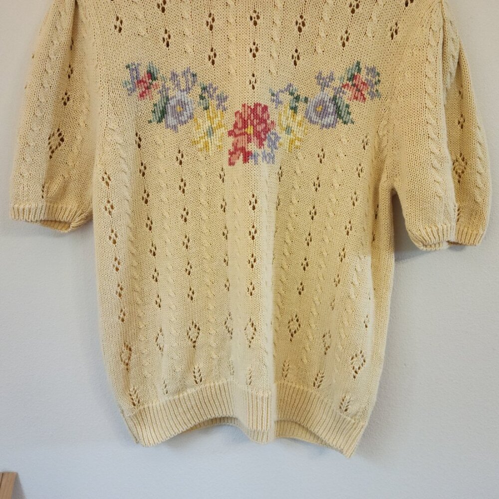 Vintage Bechamel Short Slv Sweater Knit Cross Stich Top USA Women M Retro 80's - Picture 5 of 12